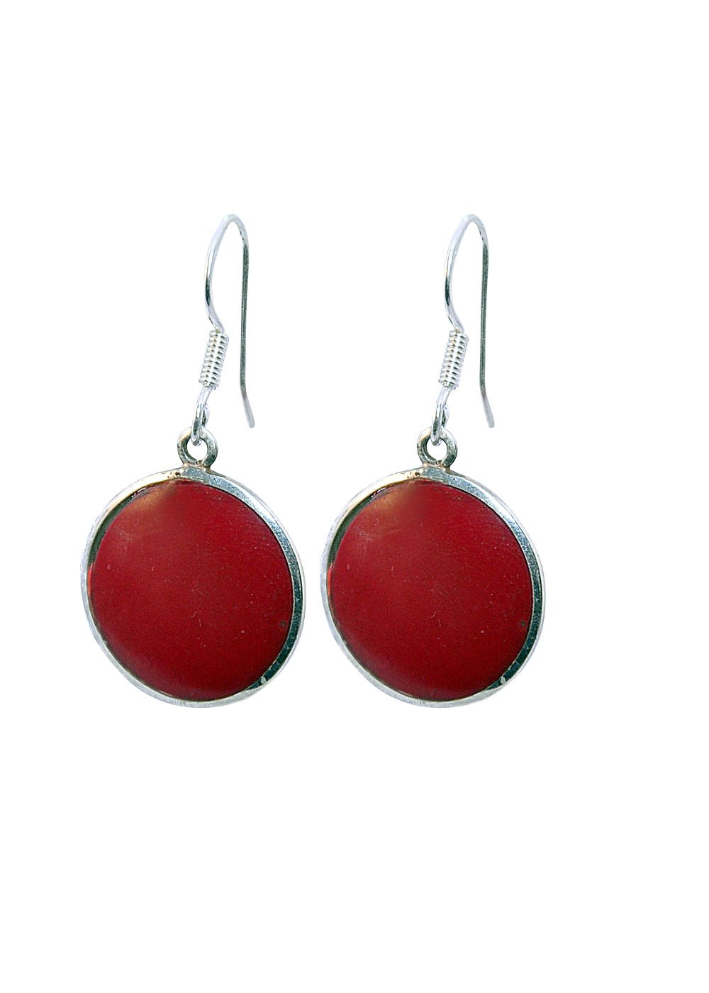 925 Sterling Silver Handmade Dangler Hanging Earrings with Round Red Coral Stone - Danglers