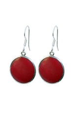 925 Sterling Silver Handmade Dangler Hanging Earrings with Round Red Coral Stone - Danglers