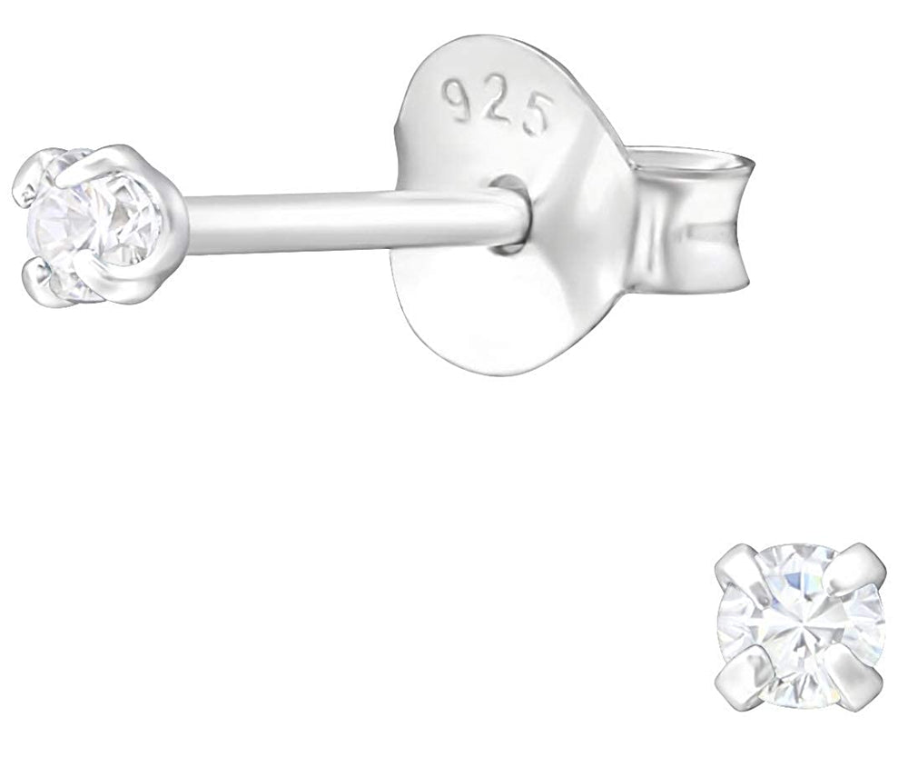 925 Sterling Silver pair of Square shape 2mm Single White Cz Unisex Stud Earrings - Studs