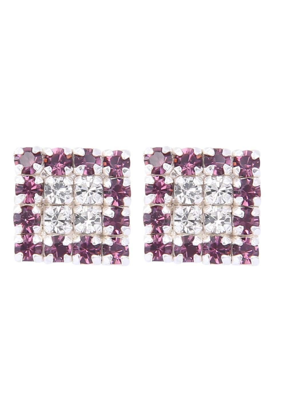 92.5 Sterling Silver Square Studs Unisex Earrings Purple and White Cubic Zirconia CZ - Studs
