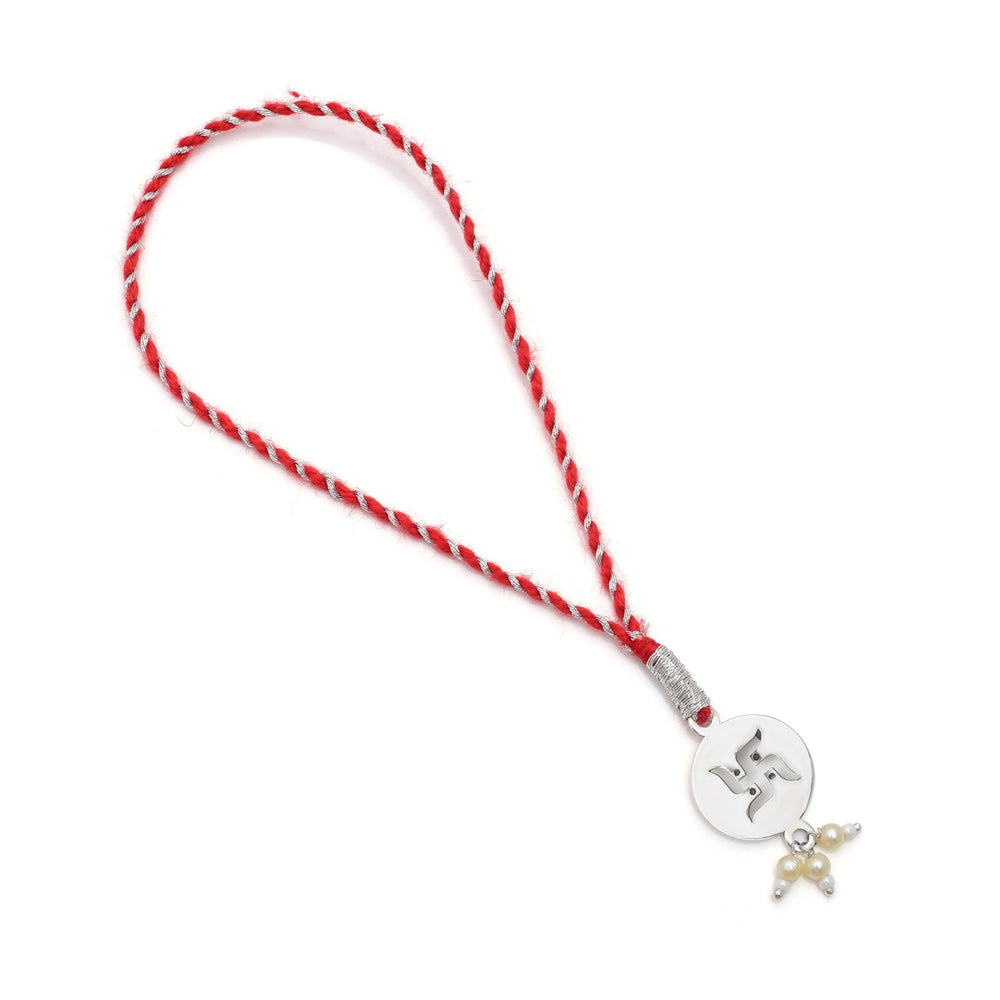 92.5 Sterling Silver Swastik Loomba Rakhi for Bhabhi in Red Thread - Bangles And Bracelets