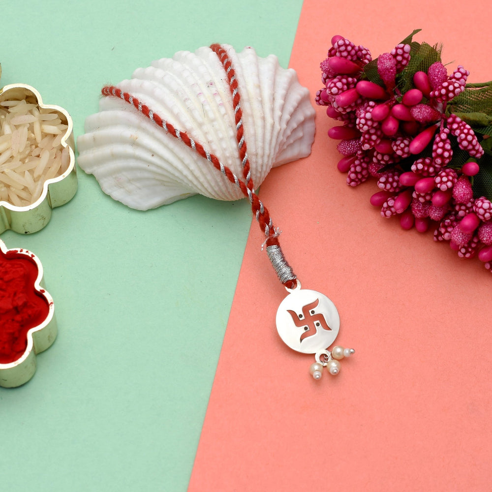 92.5 Sterling Silver Swastik Loomba Rakhi for Bhabhi in Red Thread - Bangles And Bracelets