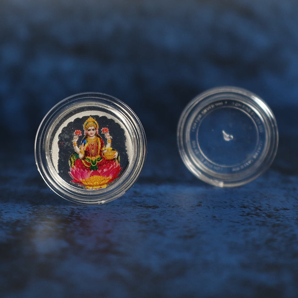999 pure Silver 1 gm each Pack of 3 Colorful UV print Lakshmi Ji Ganesh Ji Saraswati Ji Coin - Coins and Bar