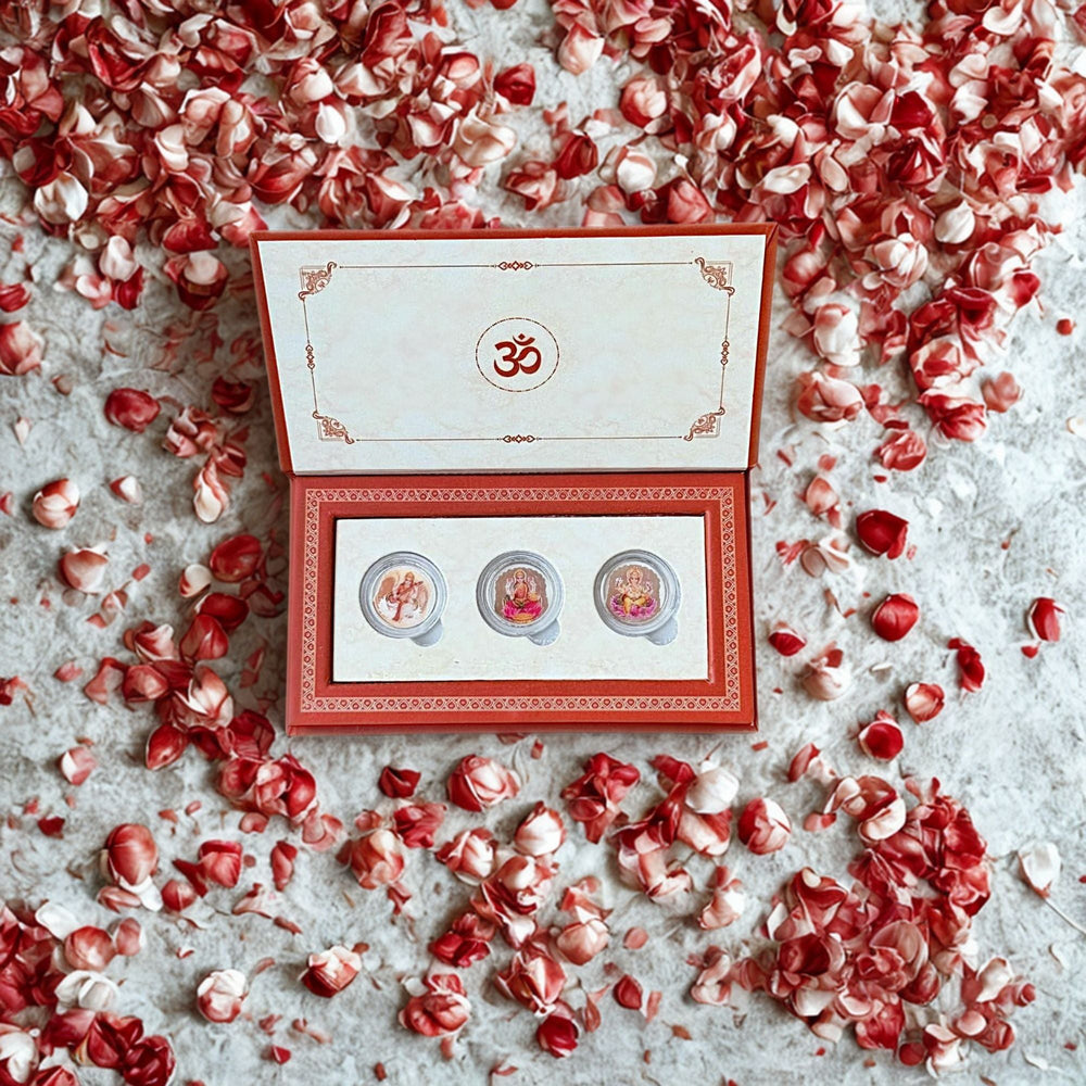 999 pure Silver 1 gm each Pack of 3 Colorful UV print Lakshmi Ji Ganesh Ji Saraswati Ji Coin - Coins and Bar