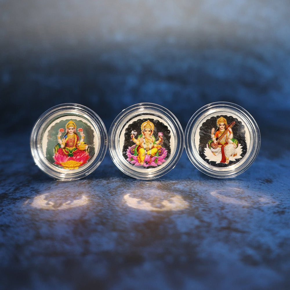999 pure Silver 1 gm each Pack of 3 Colorful UV print Lakshmi Ji Ganesh Ji Saraswati Ji Coin - Coins and Bar