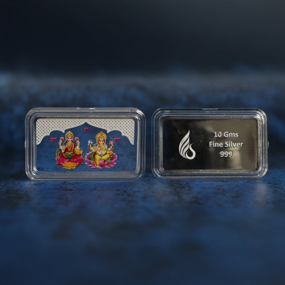 999 pure Silver 10 gm colorful UV print Lakshmi Ji Ganesh Ji Bar - Coins and Bar