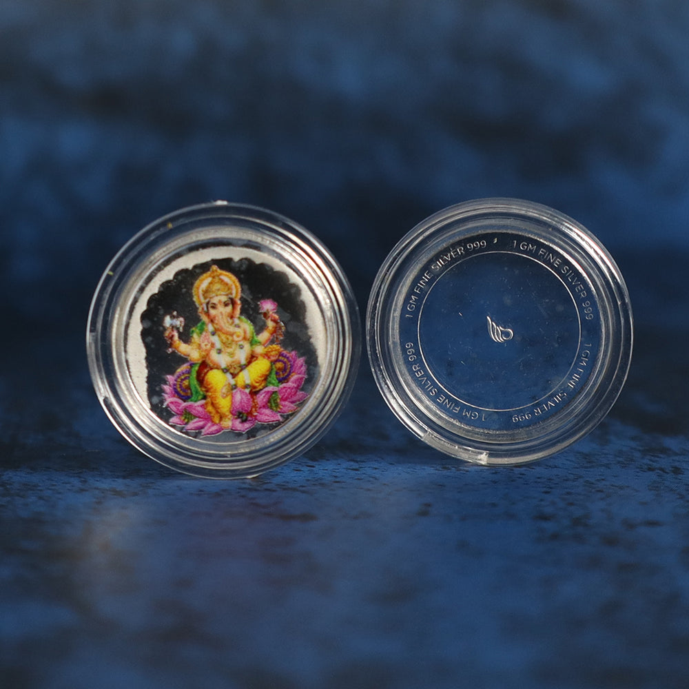 999 pure Silver 1 gm each Pack of 2 Colorful UV print Lakshmi Ji Ganesh Ji Coin