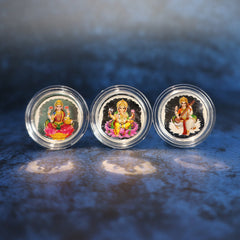 999 pure Silver 1 gm each Pack of 3 Colorful UV print Lakshmi Ji Ganesh Ji Saraswati Ji Coin