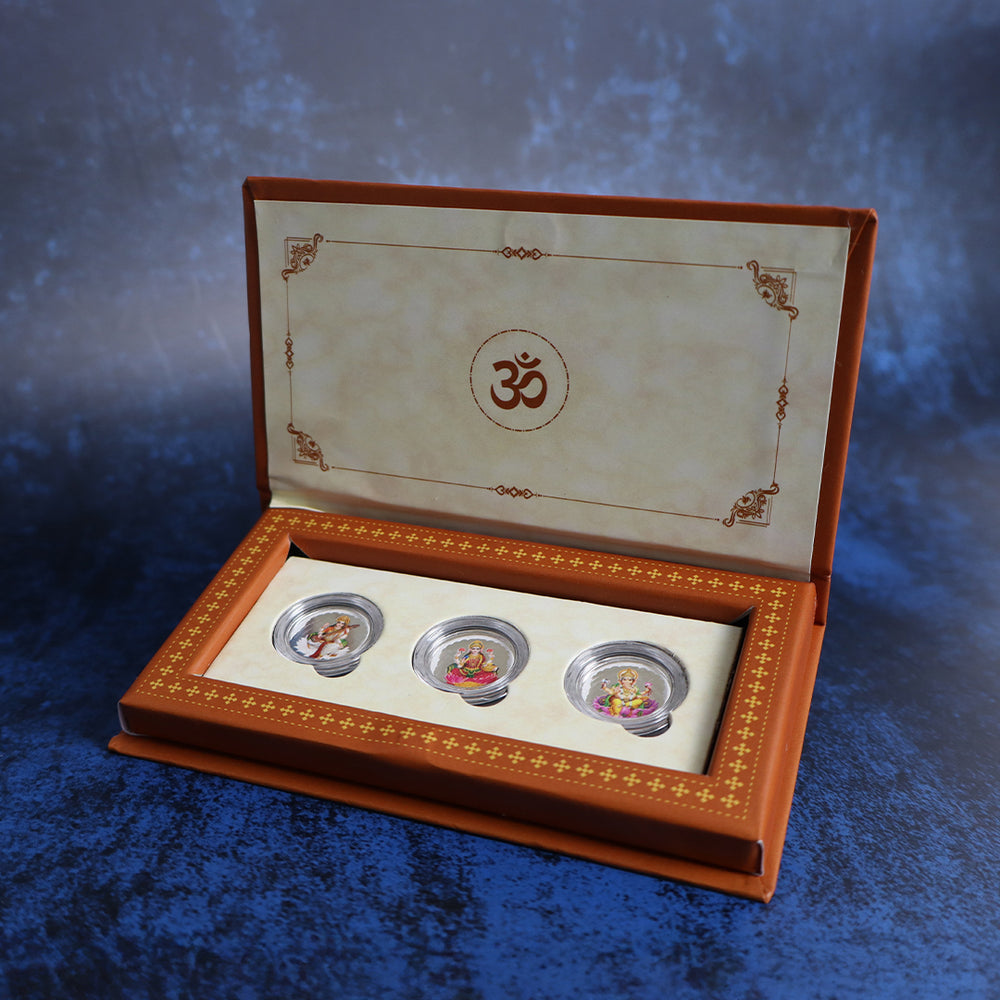 999 pure Silver 1 gm each Pack of 3 Colorful UV print Lakshmi Ji Ganesh Ji Saraswati Ji Coin