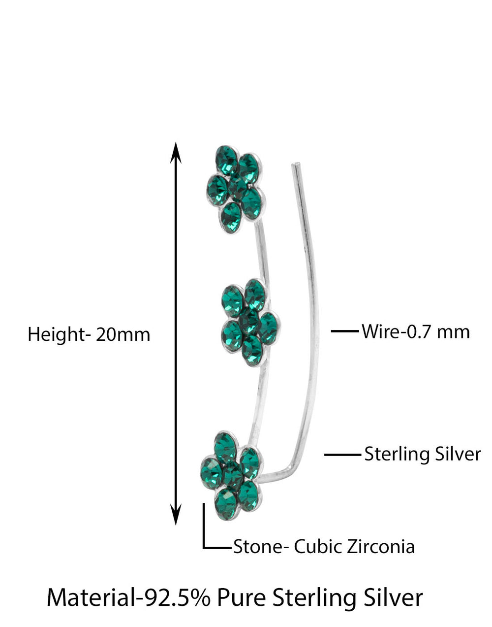 Pair of Ear Climbers Crawlers in 92.5 Silver and Green CZ Stones for Navratri