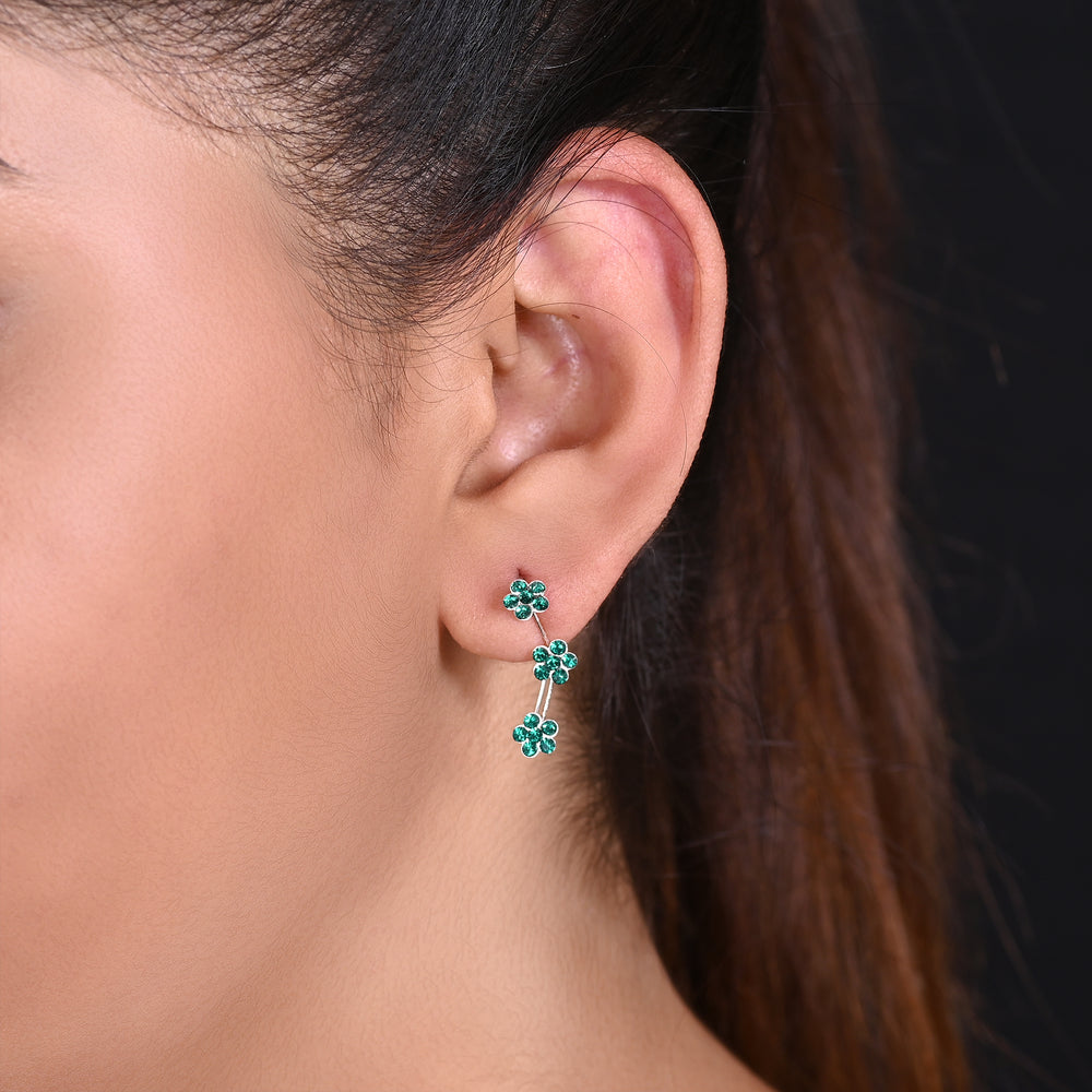 Pair of Ear Climbers Crawlers in 92.5 Silver and Green CZ Stones for Navratri