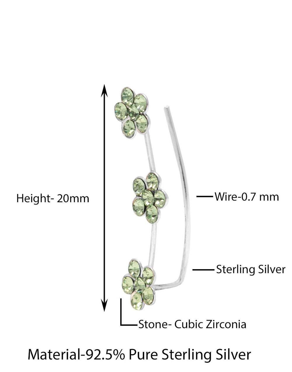 Pair of Ear Climbers Crawlers in 92.5 Silver and Olive Green CZ Stones