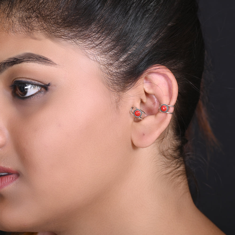 Clip On Red Stone Ear Cuffs Earrings in 92.5 Silver