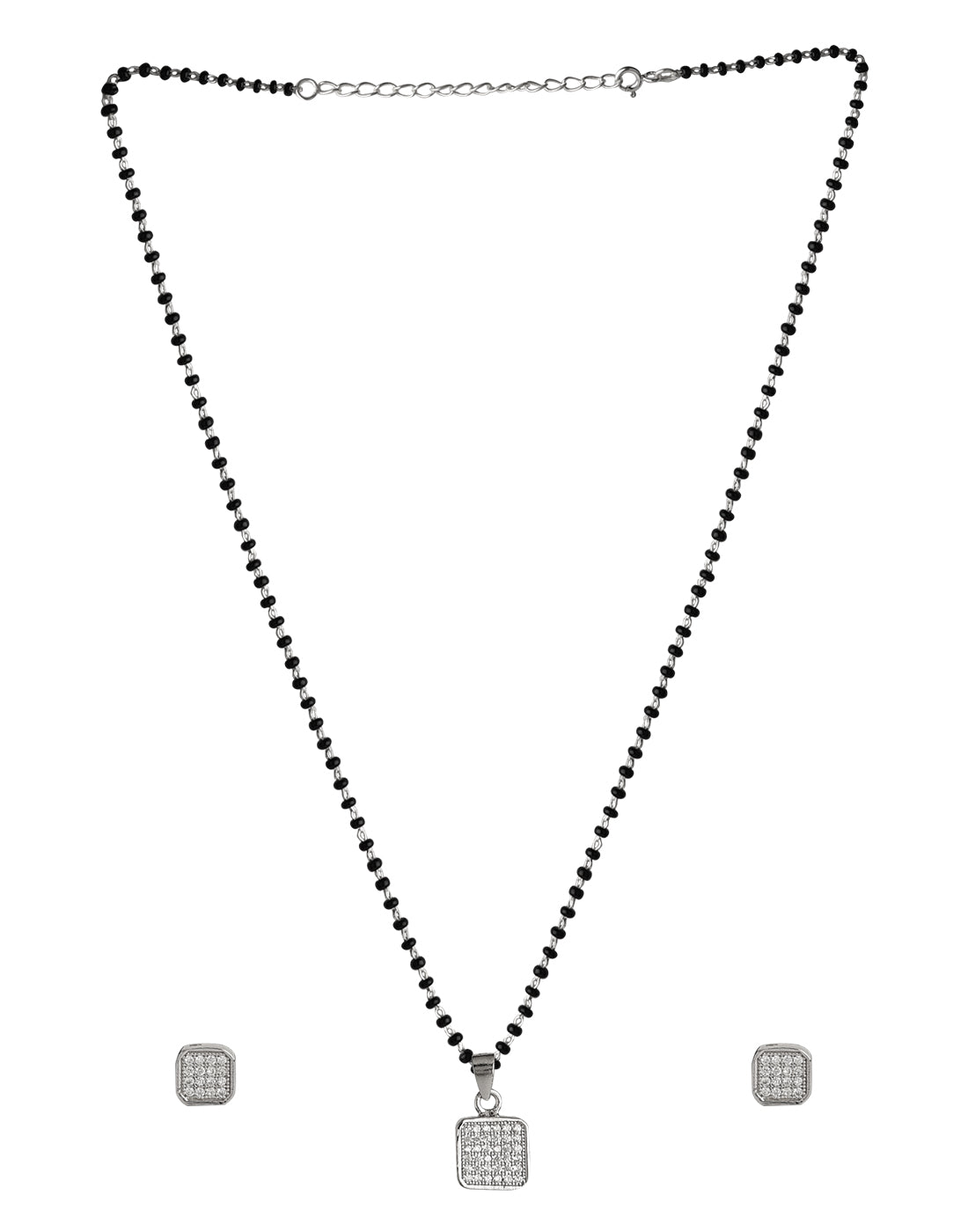 Square Solitaire Pendant and Earring Mangalsutra Set in Pure 925 Sterling Silver