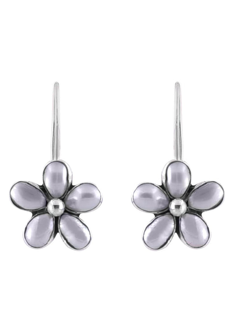 925 Sterling Silver Flower Dangler Hanging Earrings with White Pearl - Default Title - Abhooshan