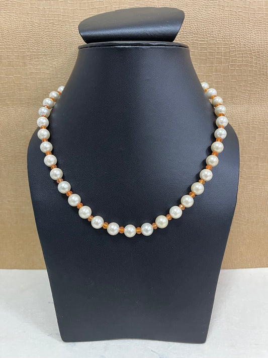 Handmade Simulated White Pearl with Orange Beads Adjustable Mala Single Strand