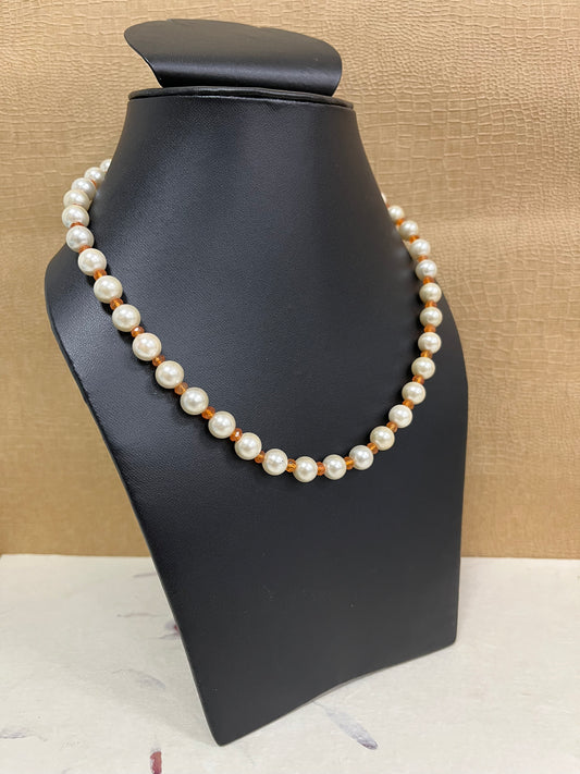 Handmade Simulated White Pearl with Orange Beads Adjustable Mala Single Strand