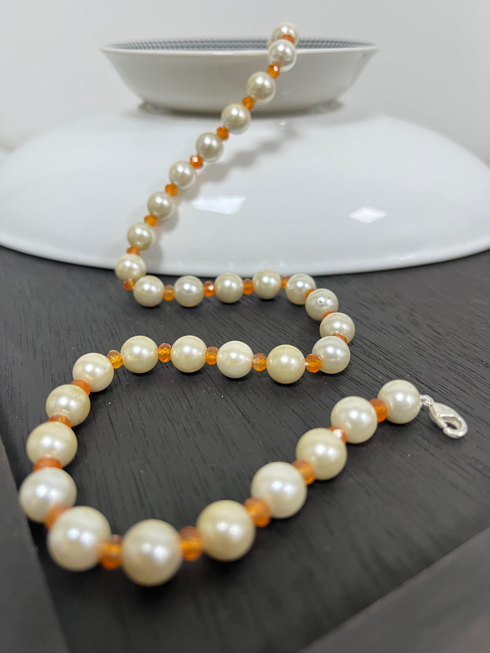 Handmade Simulated White Pearl with Orange Beads Adjustable Mala Single Strand