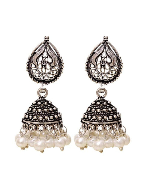 Designer pair of Jhumkis with Pearl with Push Back in Silver Alloy - Default Title - Abhooshan