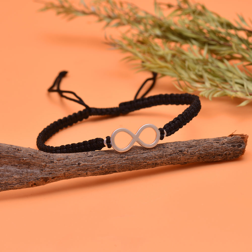 92.5 Sterling Silver Infinity Bracelet with Black Thread