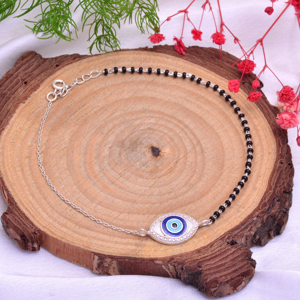 92.5 Sterling Silver Evil Eye Bracelet with Black Beads