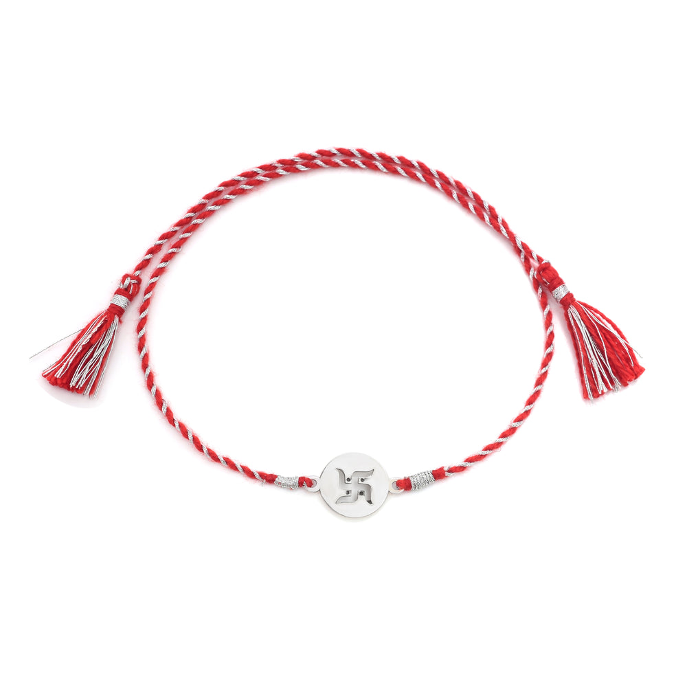 92.5 Sterling Silver Swastik Rakhi Red Thread