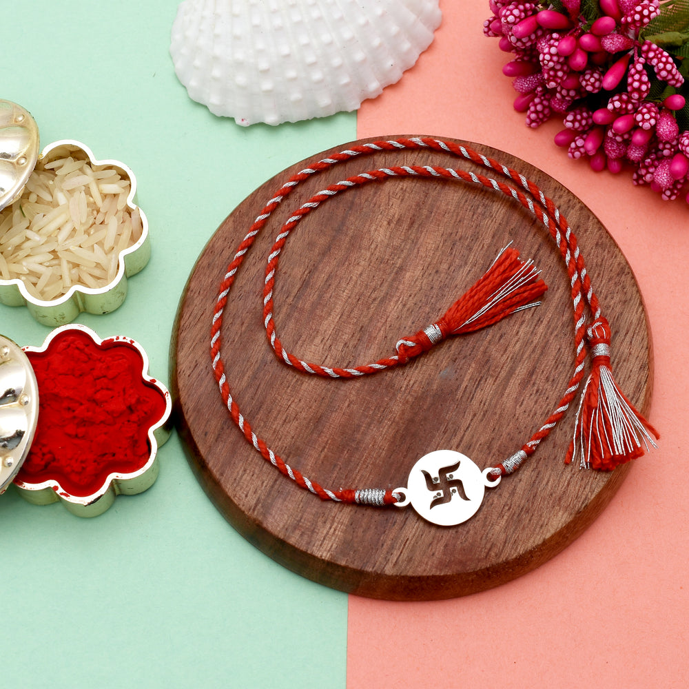 92.5 Sterling Silver Swastik Rakhi Red Thread
