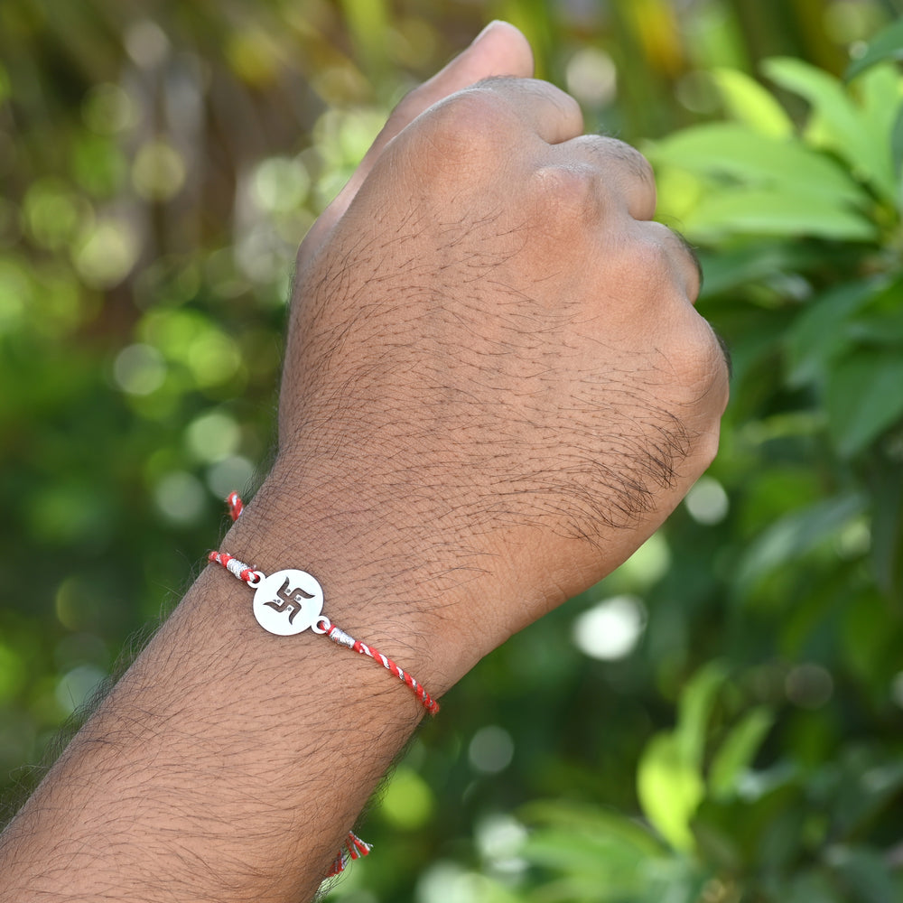 Combo of 92.5 Sterling Silver Swastik Rakhi in Red Thread for Bhaiya Bhabhi