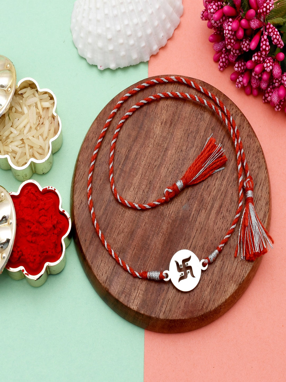 Combo of 92.5 Sterling Silver Swastik Rakhi in Red Thread for Bhaiya Bhabhi