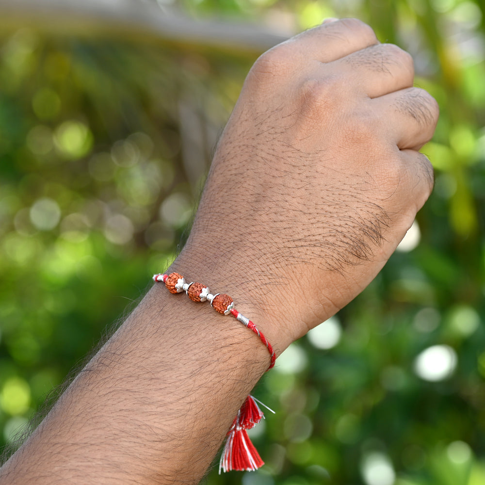 Combo 92.5 Sterling Silver Rudraksh Rakhi Red Thread Bhaiya Bhabhi