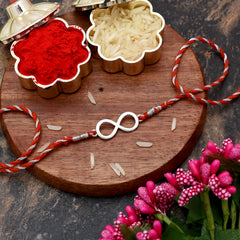Combo of 92.5 Sterling Silver Infinity Rakhi in Red Thread for Bhaiya Bhabhi Couple Rakhi