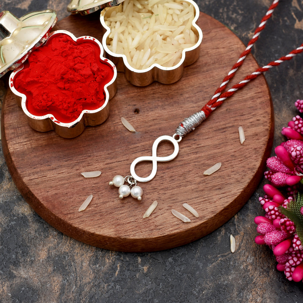 Combo of 92.5 Sterling Silver Infinity Rakhi in Red Thread for Bhaiya Bhabhi Couple Rakhi