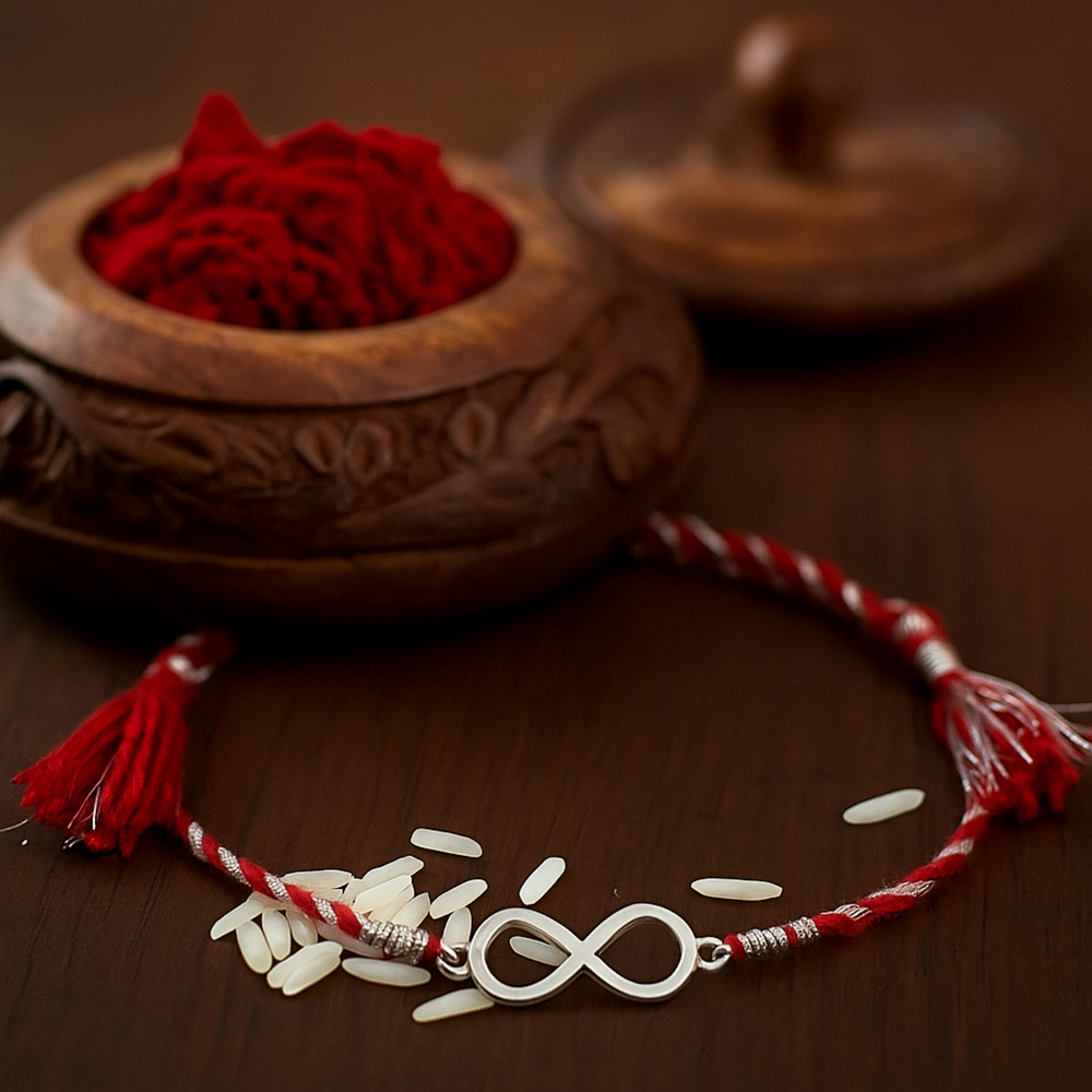 92.5 Sterling Silver Infinity Loomba Rakhi for Bhabhi in Red Thread