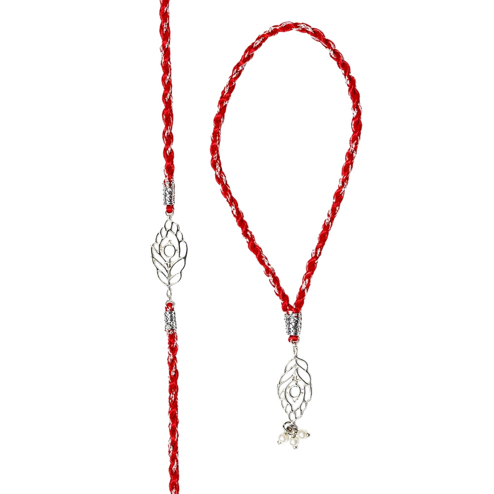 Combo of 92.5 Sterling Silver Morpankh Rakhi in Red Thread for Bhaiya Bhabhi Couple Rakhi