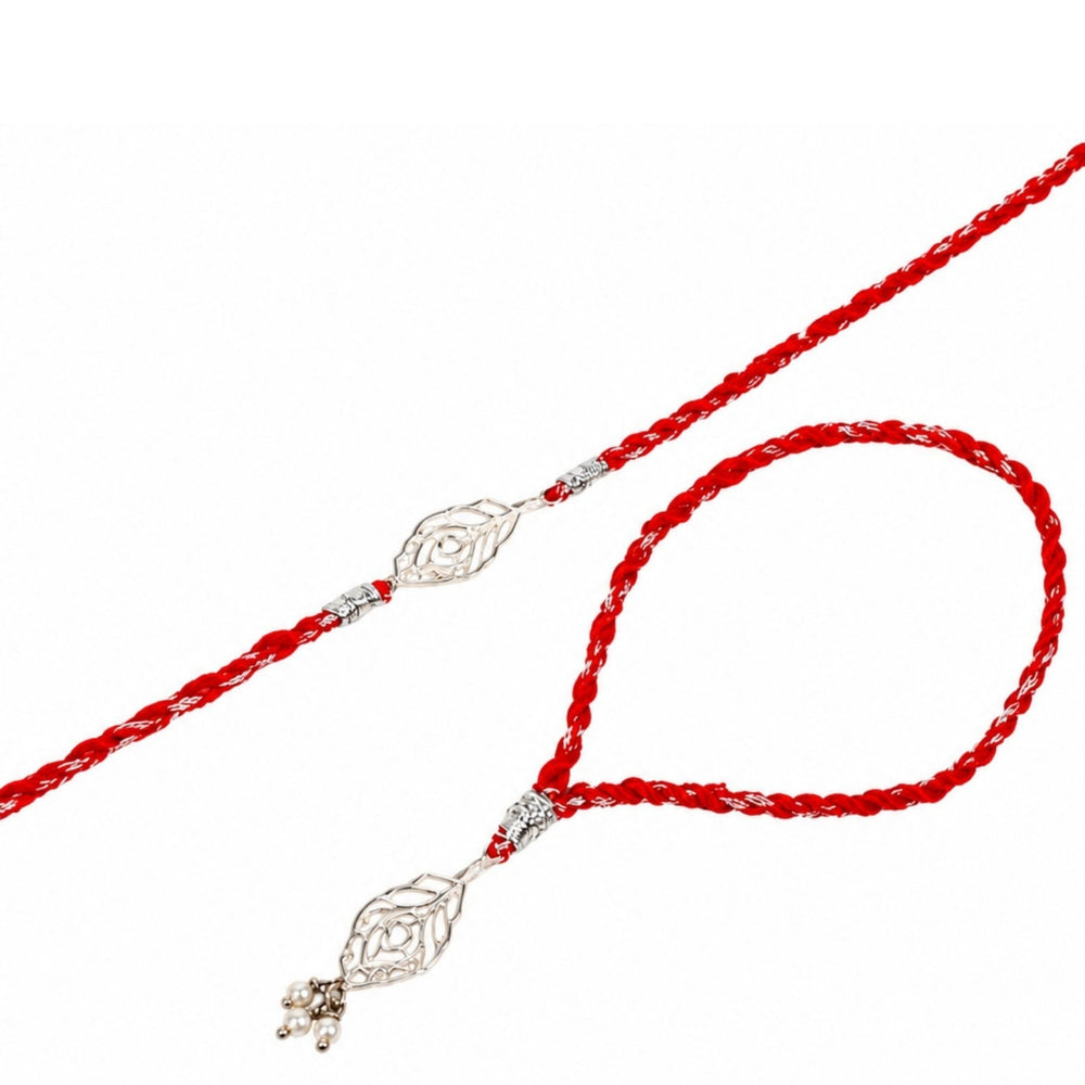 Combo of 92.5 Sterling Silver Morpankh Rakhi in Red Thread for Bhaiya Bhabhi Couple Rakhi
