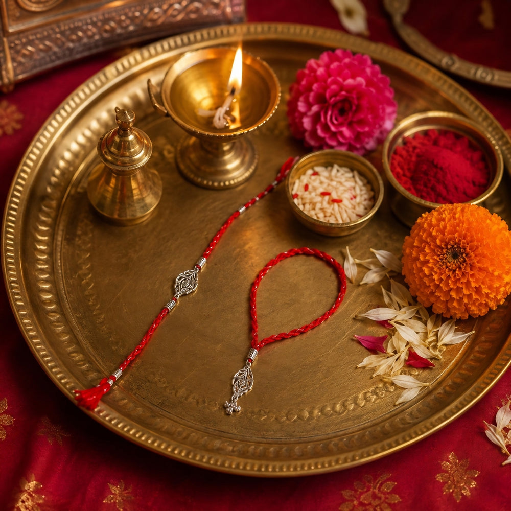 Combo of 92.5 Sterling Silver Morpankh Rakhi in Red Thread for Bhaiya Bhabhi Couple Rakhi