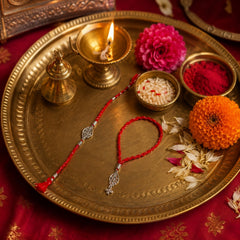 Combo of 92.5 Sterling Silver Morpankh Rakhi in Red Thread for Bhaiya Bhabhi Couple Rakhi
