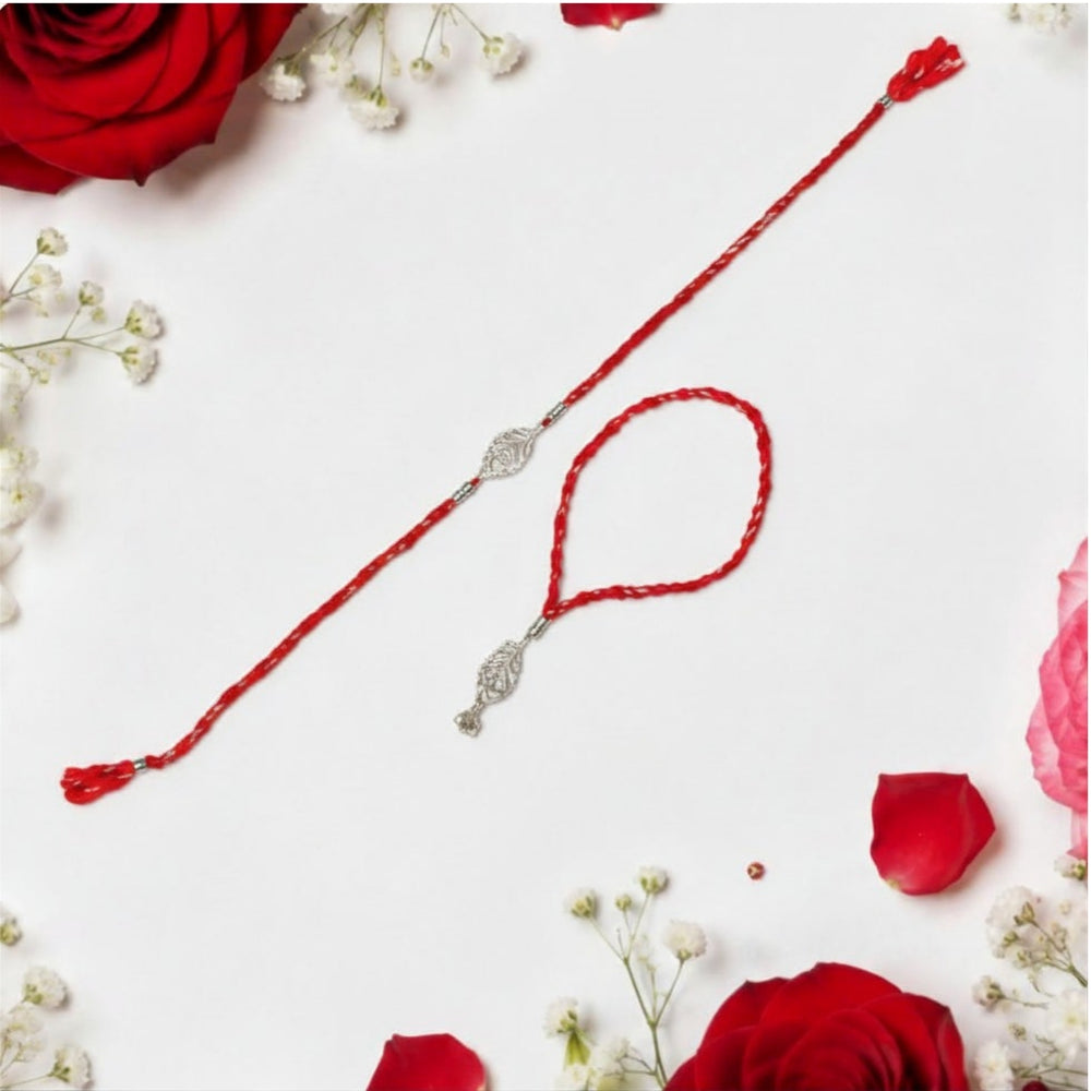 Combo of 92.5 Sterling Silver Morpankh Rakhi in Red Thread for Bhaiya Bhabhi Couple Rakhi