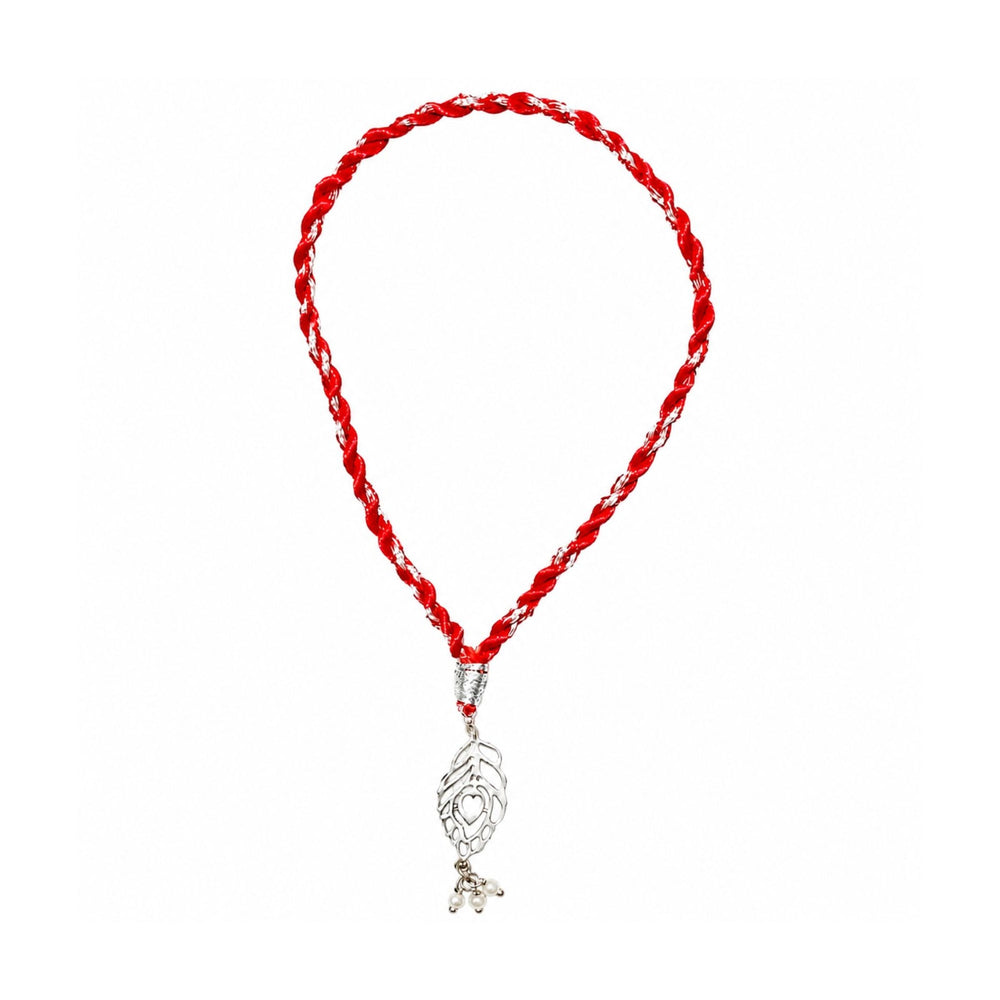 92.5 Sterling Silver Morpankh Loomba Rakhi for Bhabhi in Red Thread