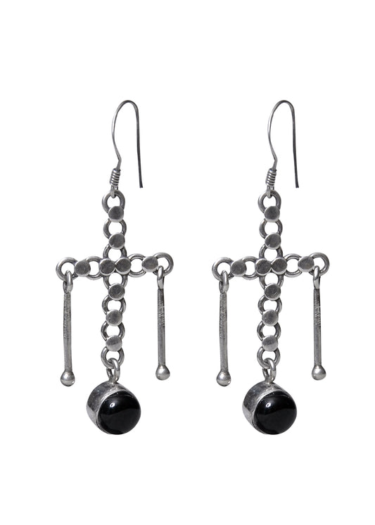 Designer Hanging Earrings with Black Onyx Stone in 92.5 Sterling Silver