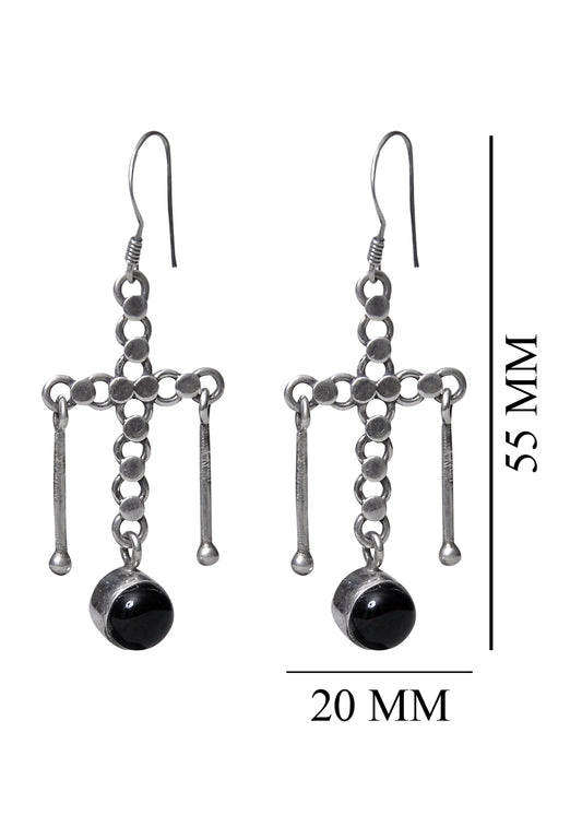 Designer Hanging Earrings with Black Onyx Stone in 92.5 Sterling Silver