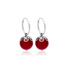 Designer Hanging Earrings with Red Shell Pearl in Hoop in 92.5 Sterling Silver