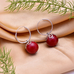 Designer Hanging Earrings with Red Shell Pearl in Hoop in 92.5 Sterling Silver