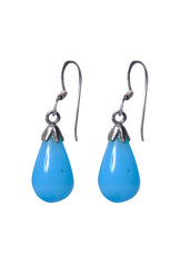 Designer Hanging Earrings with Blue Quartz Droplet in 92.5 Sterling Silver Cap and Ear wire