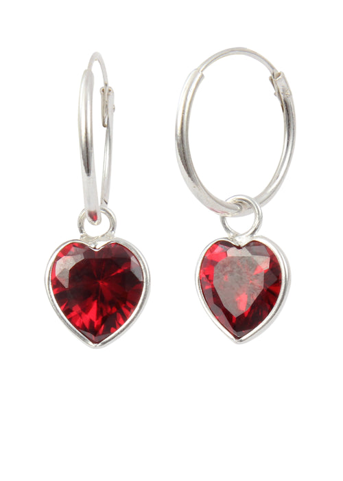 Maroon heart shape Cz 12 MM Hoop Earring in 925 Silver - Default Title - Abhooshan