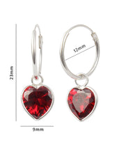 Maroon heart shape Cz 12 MM Hoop Earring in 925 Silver