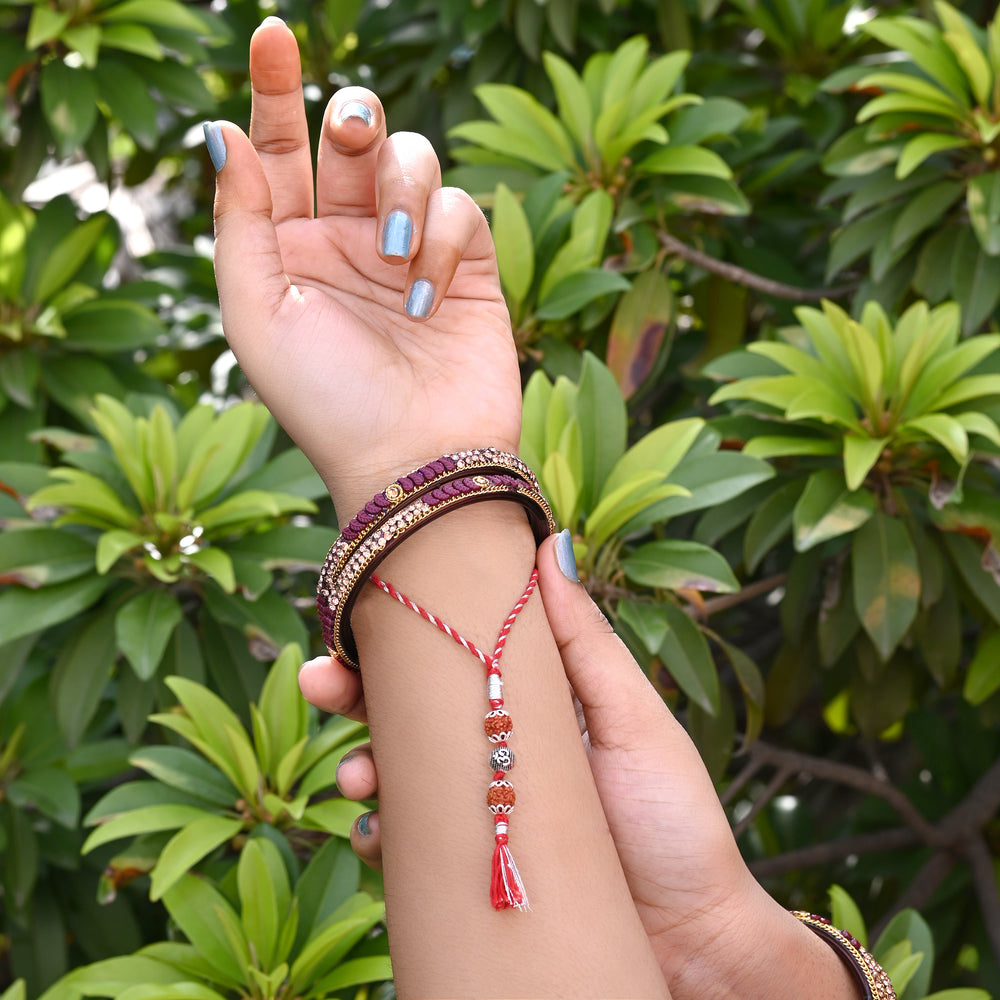 Silver Alloy Rudraksh Om Thread Loomba Rakhi for Bhabhi
