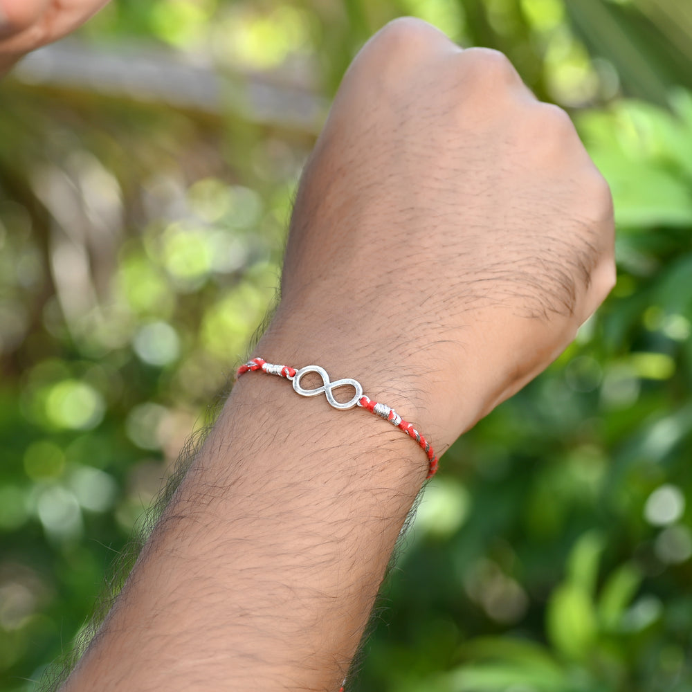 Combo of 92.5 Sterling Silver Infinity Rakhi in Red Thread for Bhaiya Bhabhi Couple Rakhi