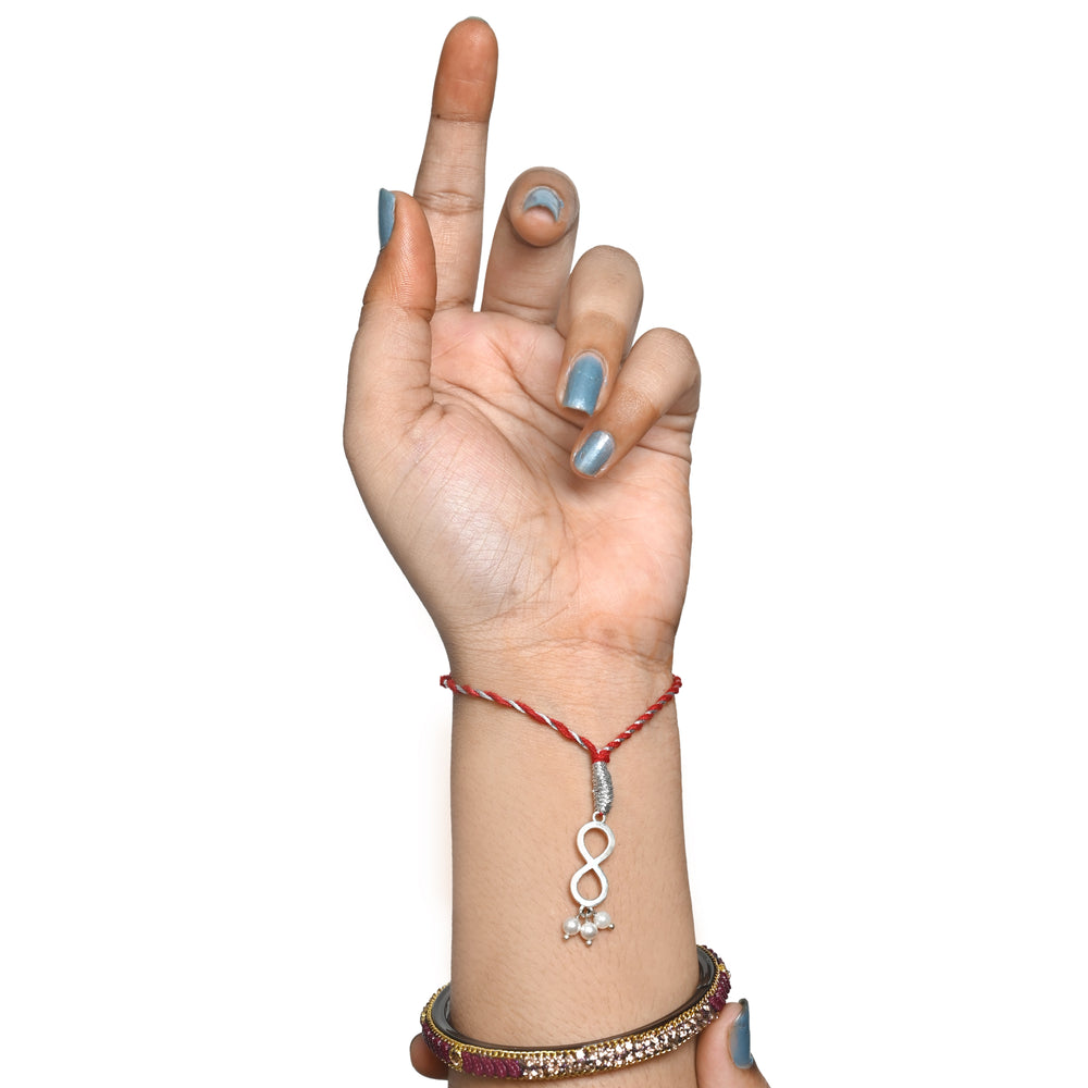 Combo of 92.5 Sterling Silver Infinity Rakhi in Red Thread for Bhaiya Bhabhi Couple Rakhi