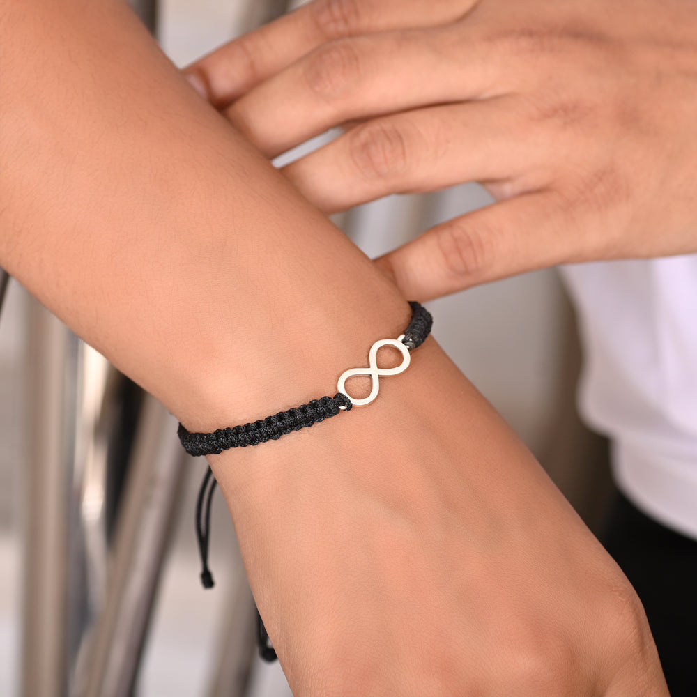 92.5 Sterling Silver Infinity Bracelet with Black Thread